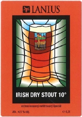 Irish Dry Stout 5 samolepka v názve piva nie je červený oblúk pod obrázkom iný text a  „Alk 4,5 obj.“