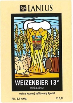 Weizenbier med zazvor 8 samolepka pod obrázkom iný text  a Alk 5,4 obj.